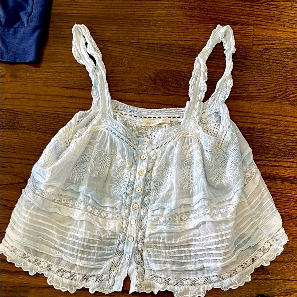 Love Shack Fancy Light Blue Lace Button-Up Tank Top